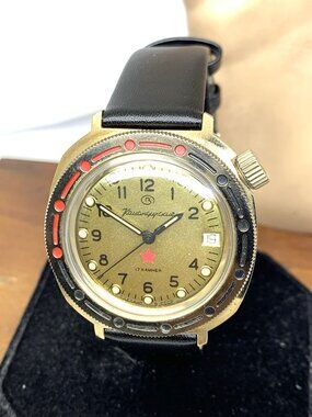 Vostok Men's Watch Vintage USSR Automatic Date Gold Steel Black Leather 39mm